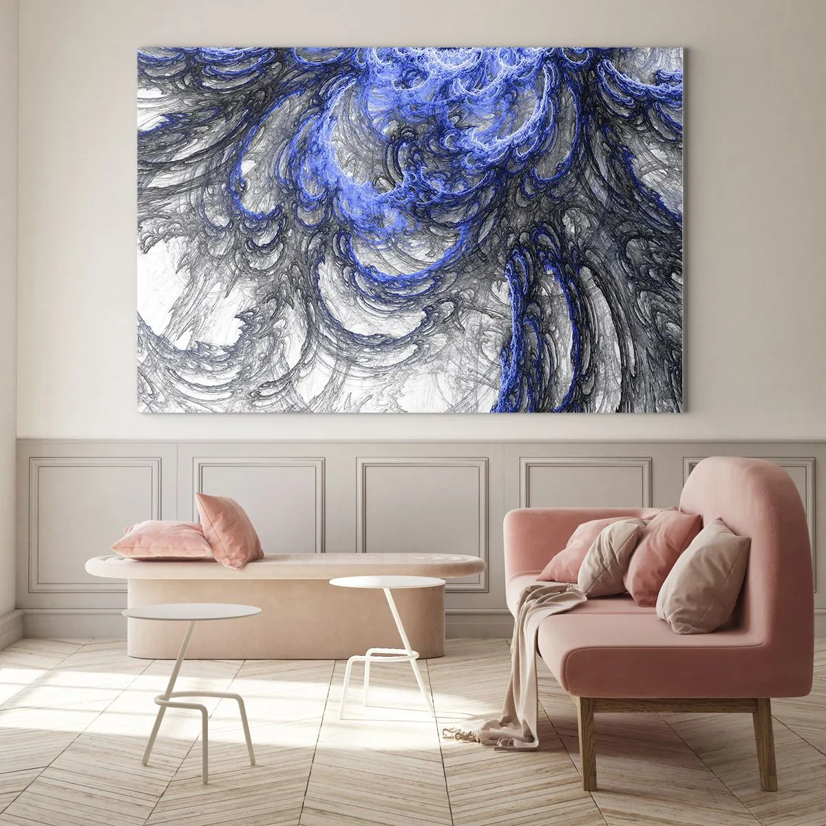 Quadro su vetro - Astrazione dinamica nelle tonalità del blu e del grigio - 120x80cm - La nascita dell'onda - Decorazione murale moderna per soggiorno e camera da letto ARTTOR