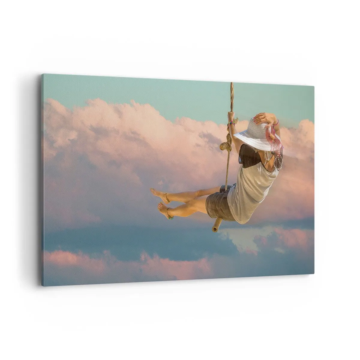 Quadro su tela - Stampe su Tela - Donna su un'altalena tra le nuvole rosa - 120x80cm - Divertimento tra le nuvole - Decorazione murale moderna per soggiorno e camera da letto ARTTOR
