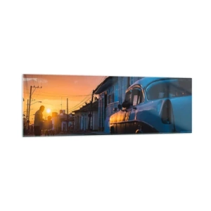 Quadro su vetro - Auto e bicicletta retrò sulla strada alla luce del sole al tramonto - 160x50cm - Qui il tempo rallenta - Decorazione murale moderna per soggiorno e camera da letto ARTTOR