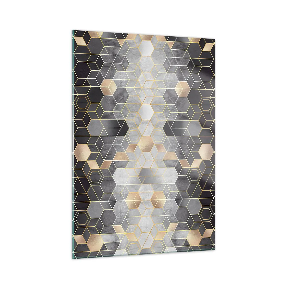 Quadro su vetro - Motivo geometrico di esagoni in linee dorate - 50x70cm - Composizione di diamante - Decorazione murale moderna per soggiorno e camera da letto ARTTOR