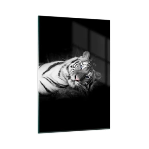 Quadro su vetro - Una tigre bianca artisticamente raffigurata su uno sfondo nero - 80x120cm - Selvaggità e pace - Decorazione murale moderna per soggiorno e camera da letto ARTTOR