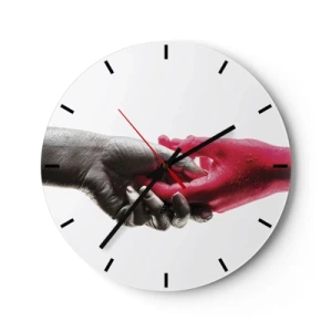 Orologio da parete - Orologio in Vetro - Stretta di mano simbolica in nero e rosso - 30x30cm - Insieme, sebbene diversi - Decorazione murale moderna per soggiorno, cucina e camera da letto ARTTOR