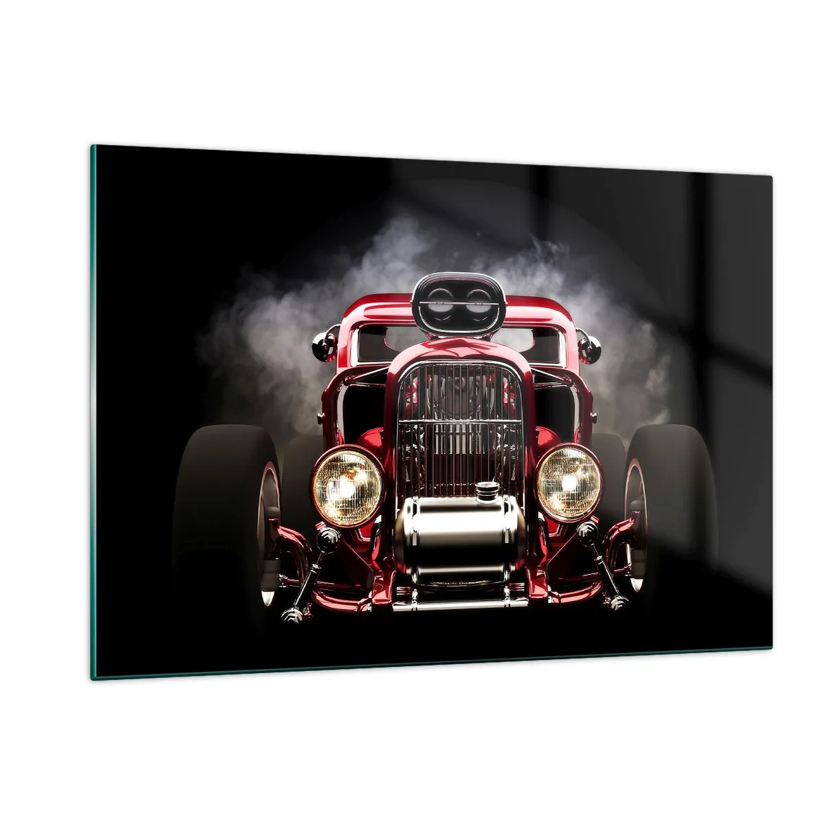 Quadro su vetro - Auto rossa rovente in un denso fumo - 120x80cm - Fast and furiously beautiful - Decorazione murale moderna per soggiorno e camera da letto ARTTOR