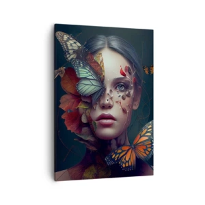 Quadro su tela - Stampe su Tela - Ritratto di donna con farfalle ed elementi vegetali - 50x70cm - Metamorfosi fantastica - Decorazione murale moderna per soggiorno e camera da letto ARTTOR