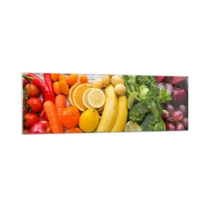 Quadro su vetro - Frutta e verdura colorate su uno sfondo di legno - 160x50cm - Non basta? - Decorazione murale moderna per soggiorno e camera da letto ARTTOR
