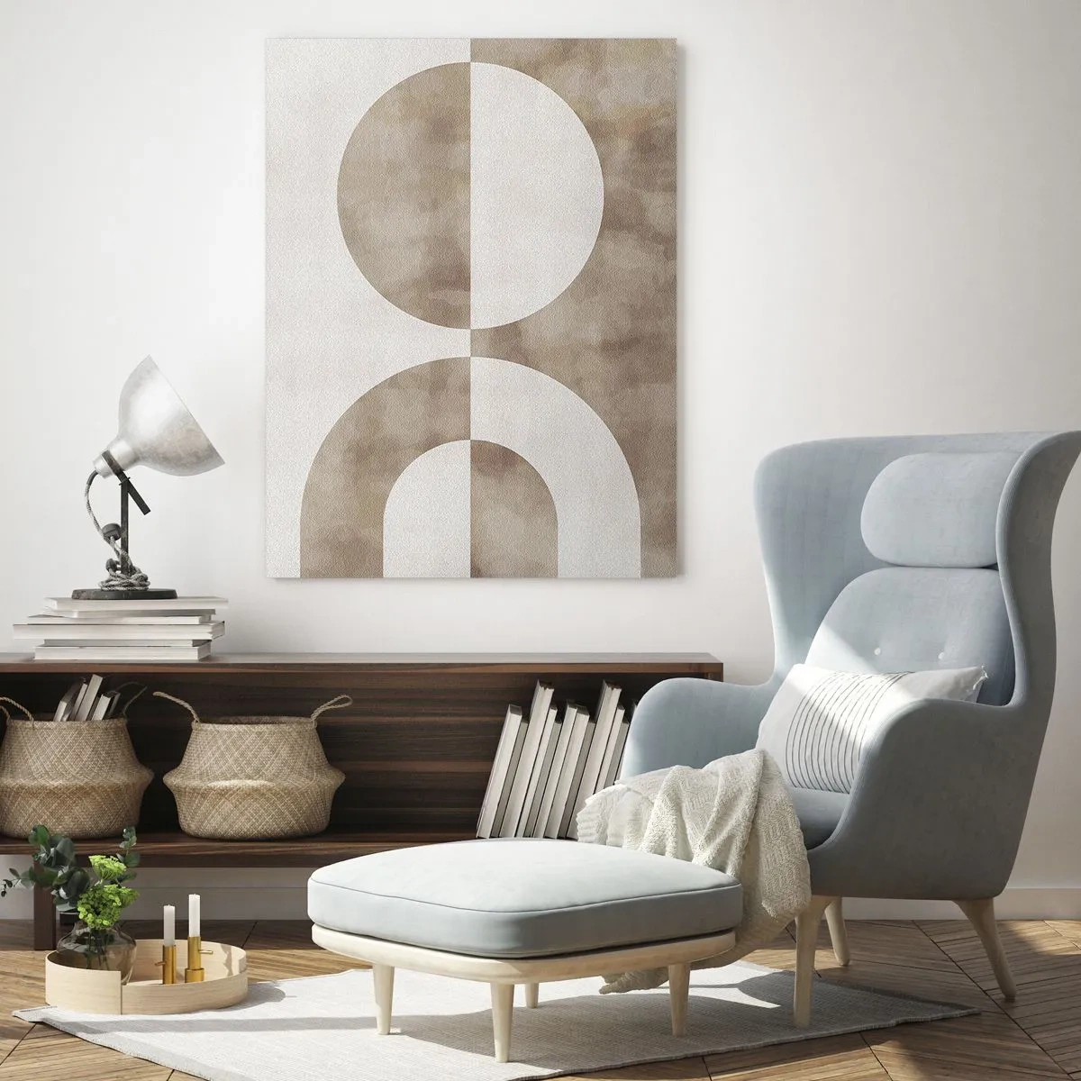 Quadro su vetro - Geometria beige con un semicerchio e un cerchio su uno sfondo orizzontale - 50x70cm - Analogie e differenze - Decorazione murale moderna per soggiorno e camera da letto ARTTOR