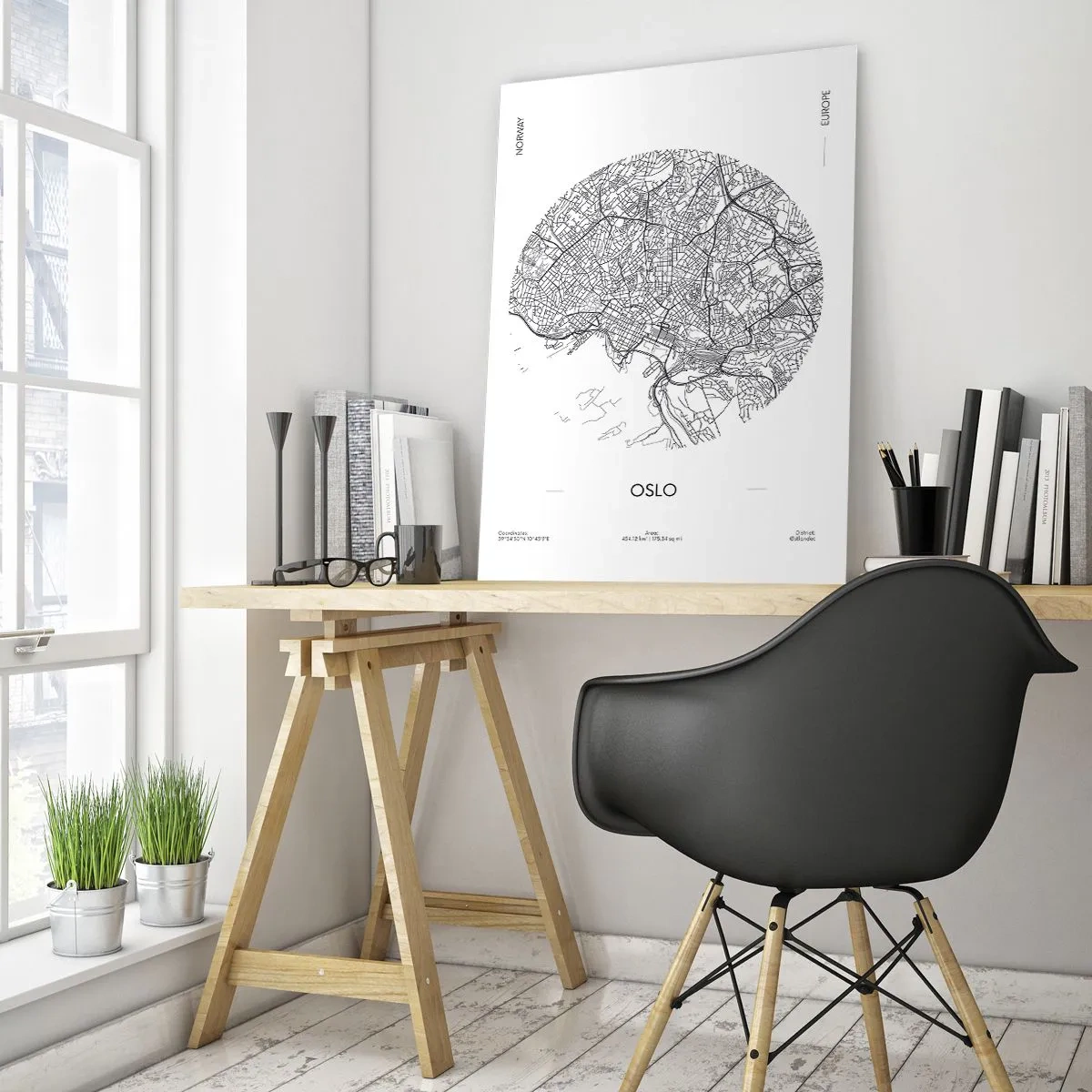 Quadro su vetro - Mappa della città di Oslo in stile grafico in bianco e nero - 50x70cm - Anatomia di Oslo - Decorazione murale moderna per soggiorno e camera da letto ARTTOR