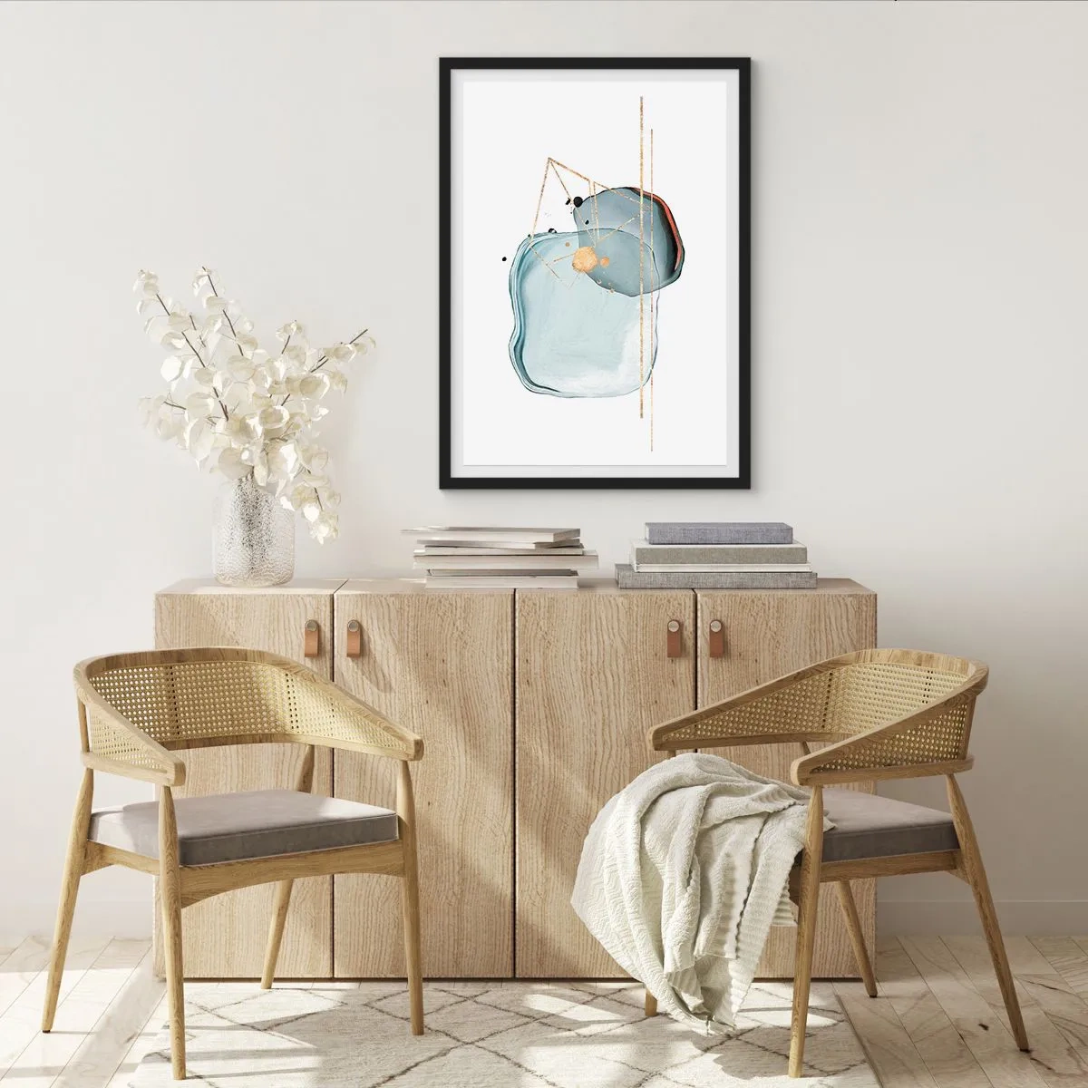 Poster in cornice nera - Composizione astratta ad acquerello con motivo geometrico dorato - 50x70cm - Studio di goccia - Decorazione murale moderna per soggiorno e camera da letto ARTTOR