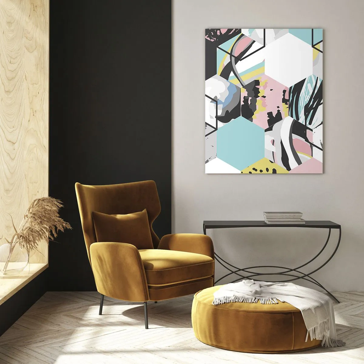 Quadro su vetro - Motivo esagonale geometrico con dettagli astratti colorati - 70x100cm - Esagoni e cubi in sei tonalità - Decorazione murale moderna per soggiorno e camera da letto ARTTOR