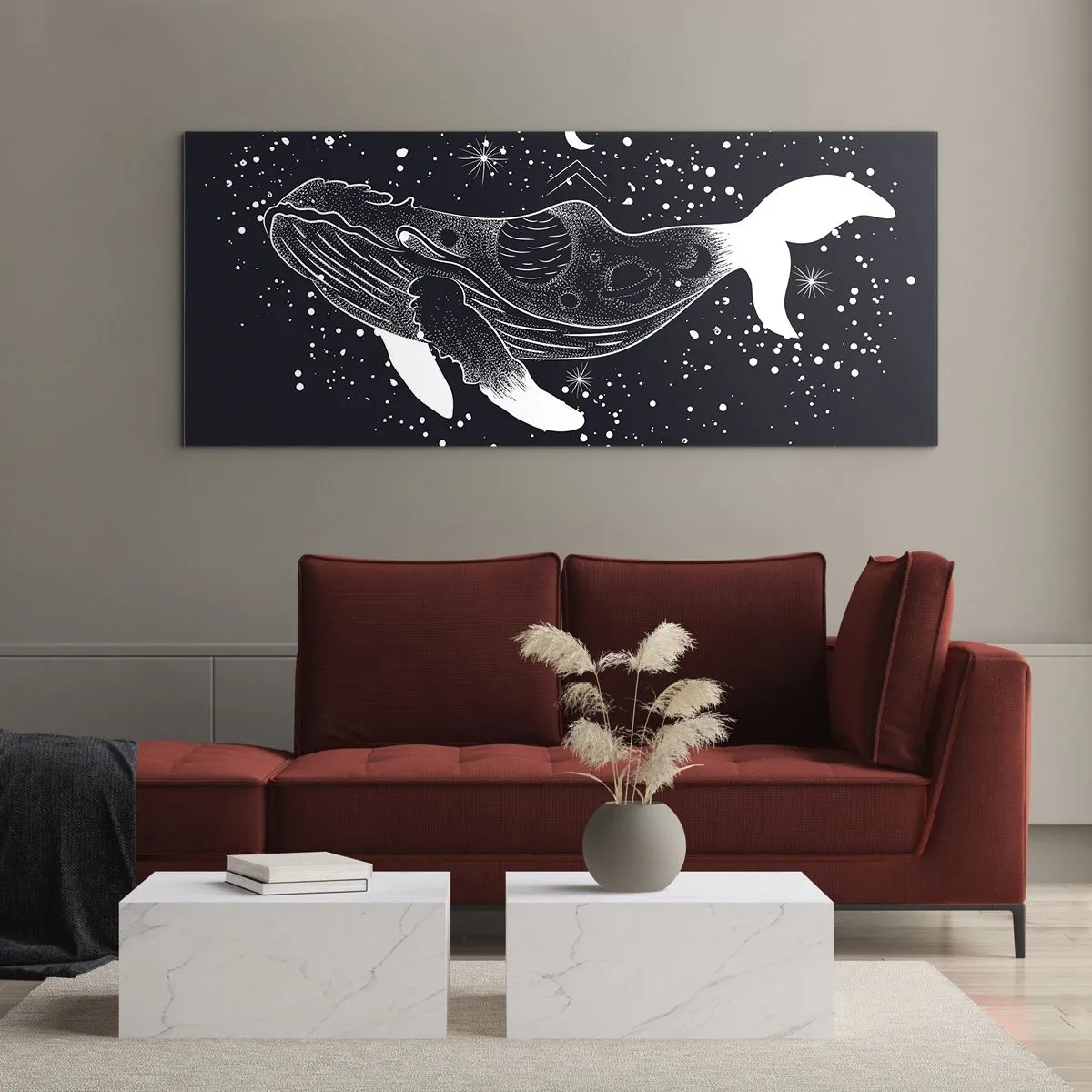 Quadro su vetro - Illustrazione grafica di una balena in stile spaziale. - 140x50cm - Nell'oceano dell'universo - Decorazione murale moderna per soggiorno e camera da letto ARTTOR