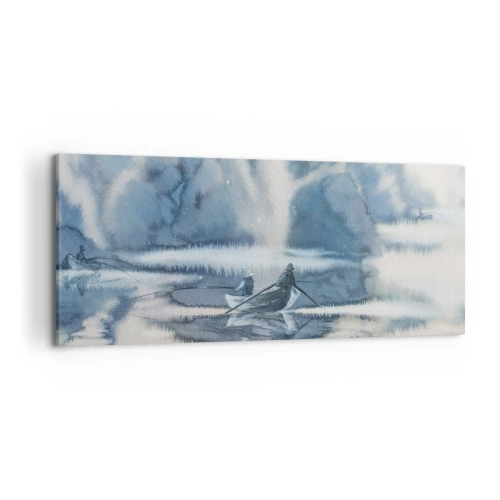 Quadro su tela - Stampe su Tela - Paesaggio ad acquerello con barche su un lago circondato da una foresta nebbiosa - 120x50cm - I pescatori nel loro paradiso - Decorazione murale moderna per soggiorno e camera da letto ARTTOR