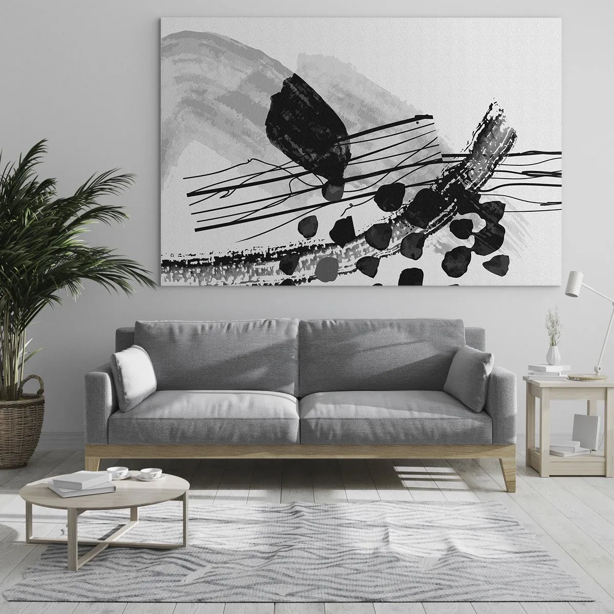 Quadro su vetro - Astrazione in bianco e nero con forme e linee organiche - 70x50cm - Astrazione organica in bianco e nero - Decorazione murale moderna per soggiorno e camera da letto ARTTOR