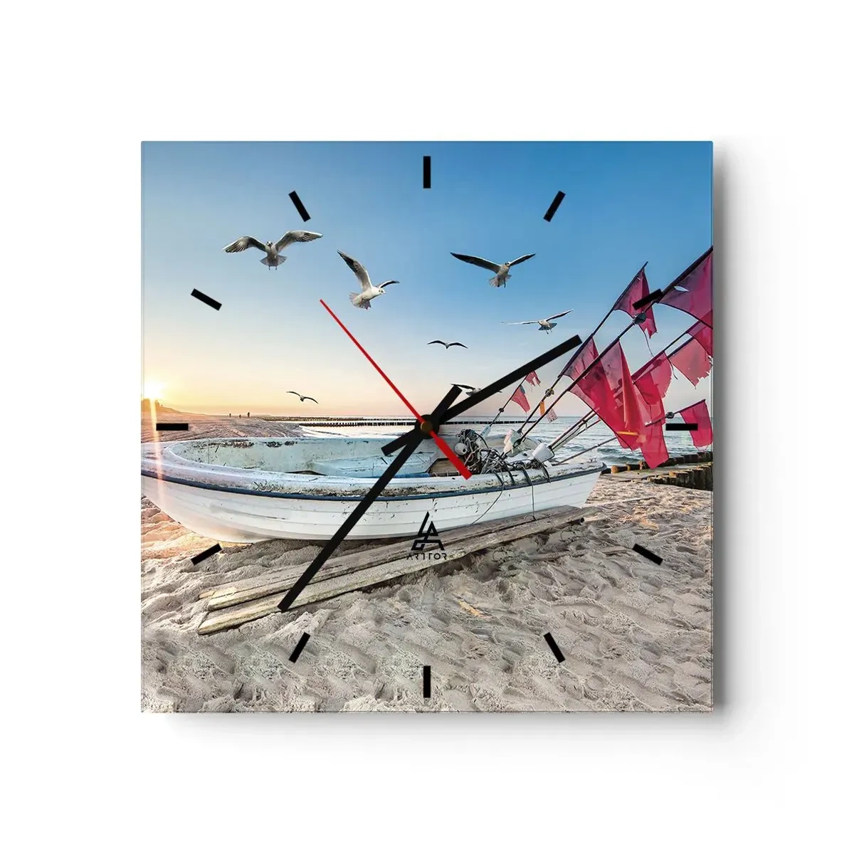 Orologio da parete - Orologio in Vetro - Una barca sulla spiaggia all'alba con gabbiani e bandiere rosse - 30x30cm - Meritato riposo - Decorazione murale moderna per soggiorno e camera da letto ARTTOR