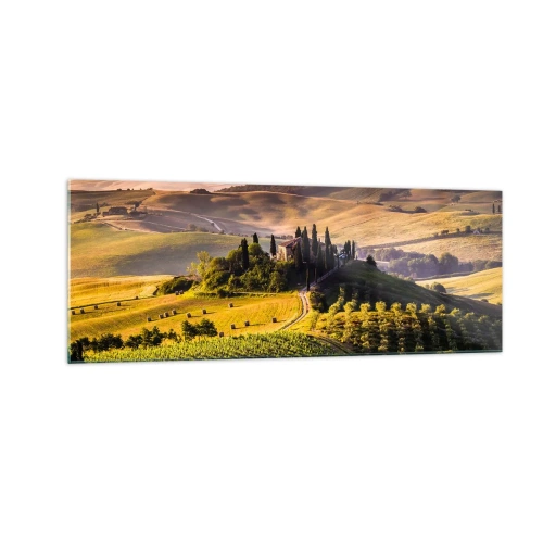 Quadro su vetro - Paesaggio toscano con vigneti e una casa su una collina - 140x50cm - Arcadia: paesaggio toscano - Decorazione murale moderna per soggiorno e camera da letto ARTTOR