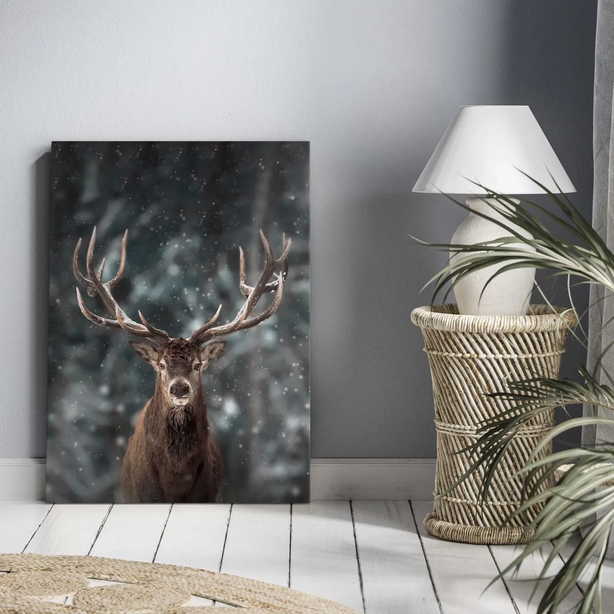 Quadro su tela - Stampe su Tela - Cervi in una foresta invernale con neve che cade - 50x70cm - Il re del bosco incoronato - Decorazione murale moderna per soggiorno e camera da letto ARTTOR