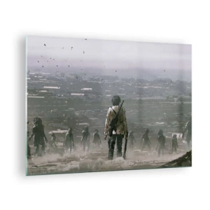 Quadro su vetro - Una figura con un fucile nello scenario oscuro di un gruppo in avvicinamento - 70x50cm - L'ultimo dei giusti? - Decorazione murale moderna per soggiorno e camera da letto ARTTOR