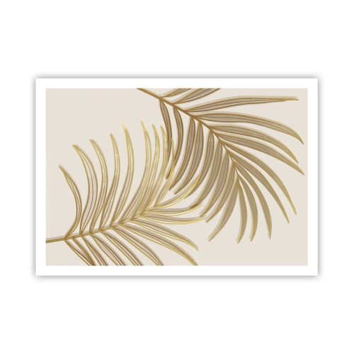 Poster - Foglie di palma dorate su uno sfondo chiaro in stile minimalista - 100x70cm - Palma d'oro! - Decorazione murale moderna per soggiorno e camera da letto ARTTOR
