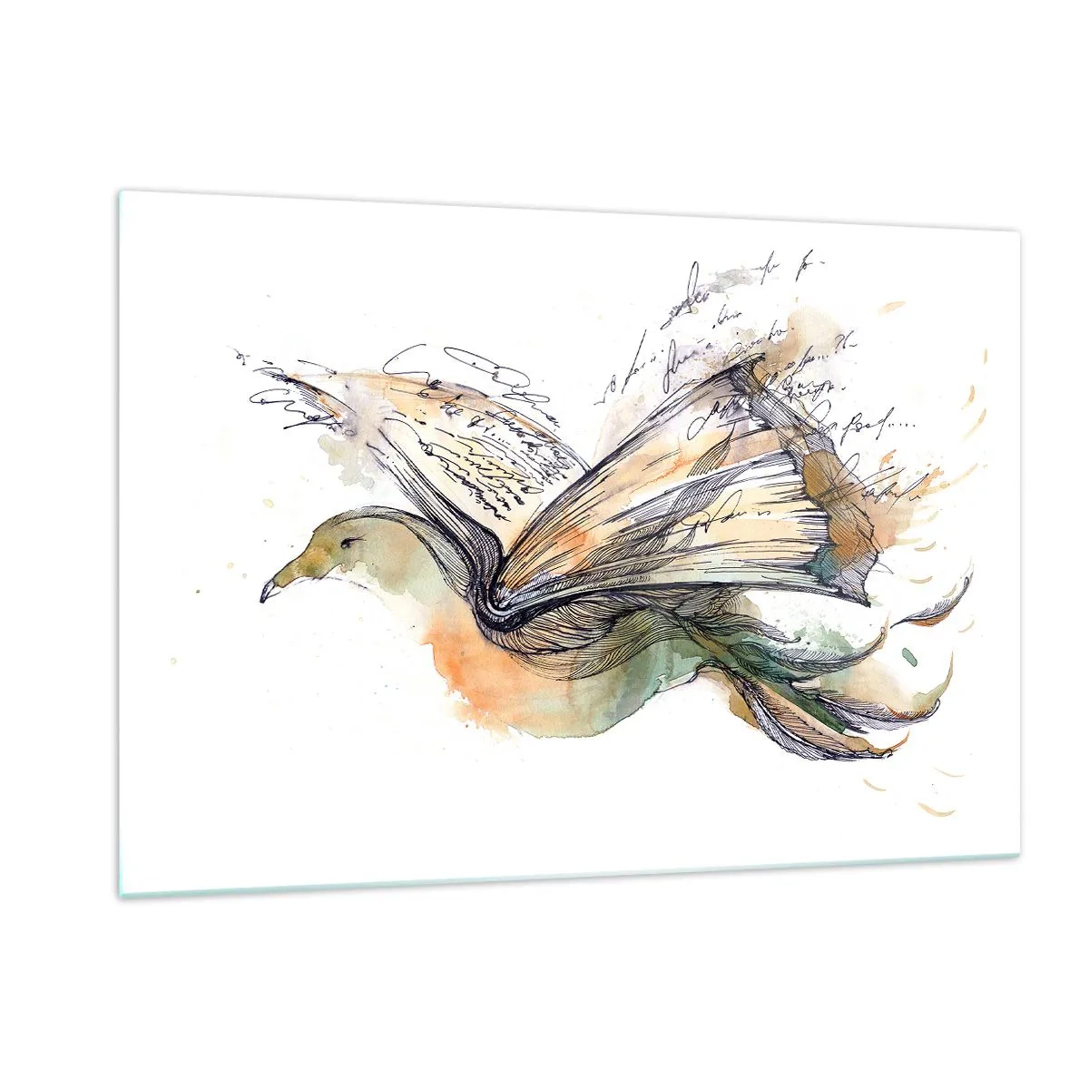 Quadro su vetro - Un uccello da un libro srotolato, una metafora artistica della conoscenza - 120x80cm - Sulle ali della poesia - Decorazione murale moderna per soggiorno e camera da letto ARTTOR