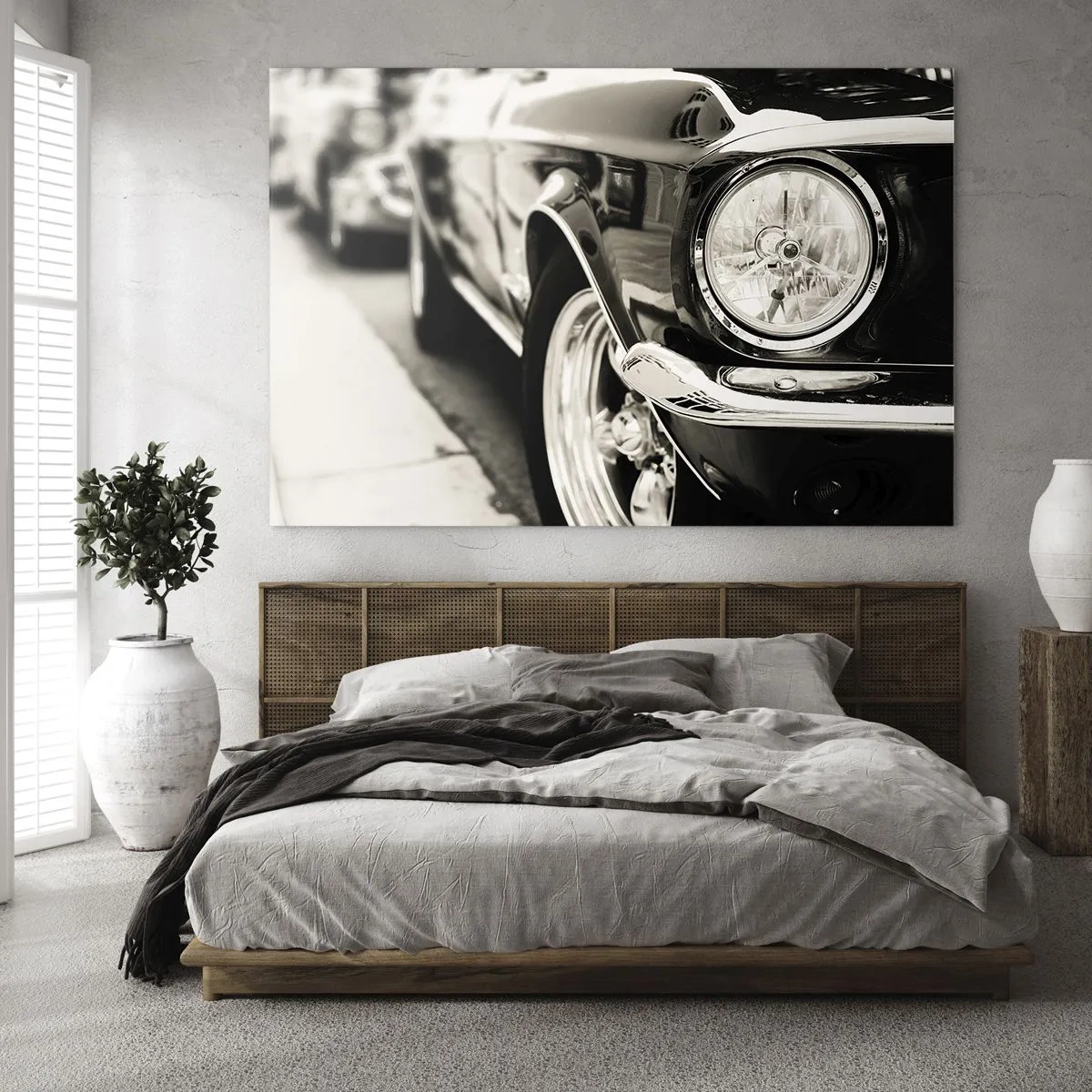 Quadro su vetro - Primo piano della parte anteriore di un'auto d'epoca in seppia - 100x70cm - Bellezza intramontabile - Decorazione murale moderna per soggiorno e camera da letto ARTTOR