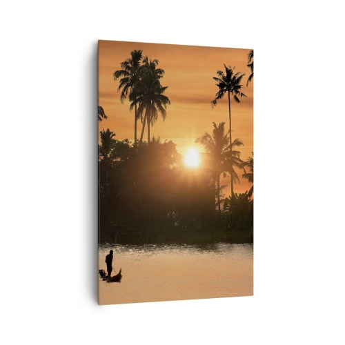 Quadro su tela - Stampe su Tela - Tramonto sulle palme e un lago calmo con una barca - 80x120cm - Il tempo del riposo - Decorazione murale moderna per soggiorno e camera da letto ARTTOR