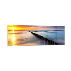 Quadro su vetro - Tramonto sul mare con un frangiflutti in primo piano - 160x50cm - Ascolta il silenzio - Decorazione murale moderna per soggiorno e camera da letto ARTTOR