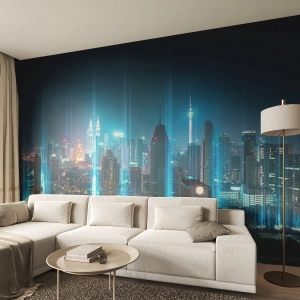 Fotomurali Premium Sand - Città futuristica di notte con luci al neon sugli edifici. - 100x70cm - Da Berlino al cielo - Decorazione murale moderna per soggiorno e camera da letto ARTTOR