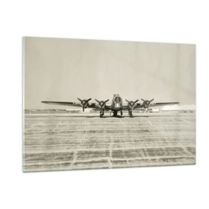 Quadro su vetro - Aereo storico all'aeroporto in stile seppia - 120x80cm - Pronto come sempre - Decorazione murale moderna per soggiorno e camera da letto ARTTOR