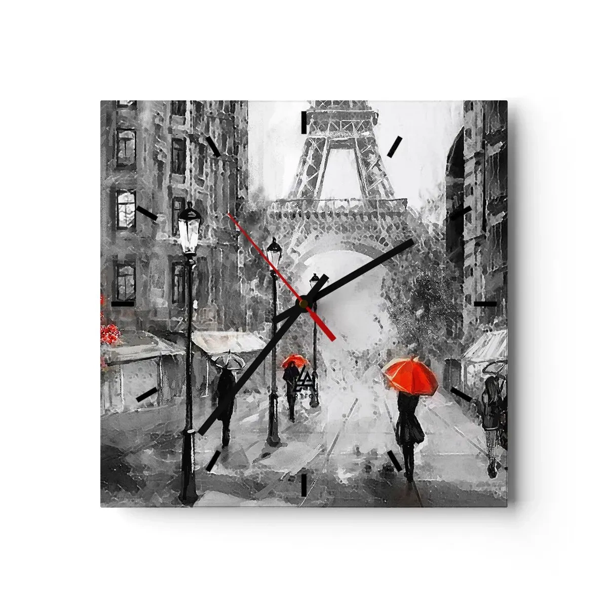 Orologio da parete - Orologio in Vetro - Una strada con vista sulla Torre Eiffel e ombrelli rossi - 30x30cm - Tutte le strade portano da lei - Decorazione murale moderna per soggiorno e camera da letto ARTTOR