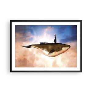 Poster in cornice nera - Una scena fantastica di una donna su una balena tra le nuvole - 70x50cm - Viaggio surreale - Decorazione murale moderna per soggiorno e camera da letto ARTTOR