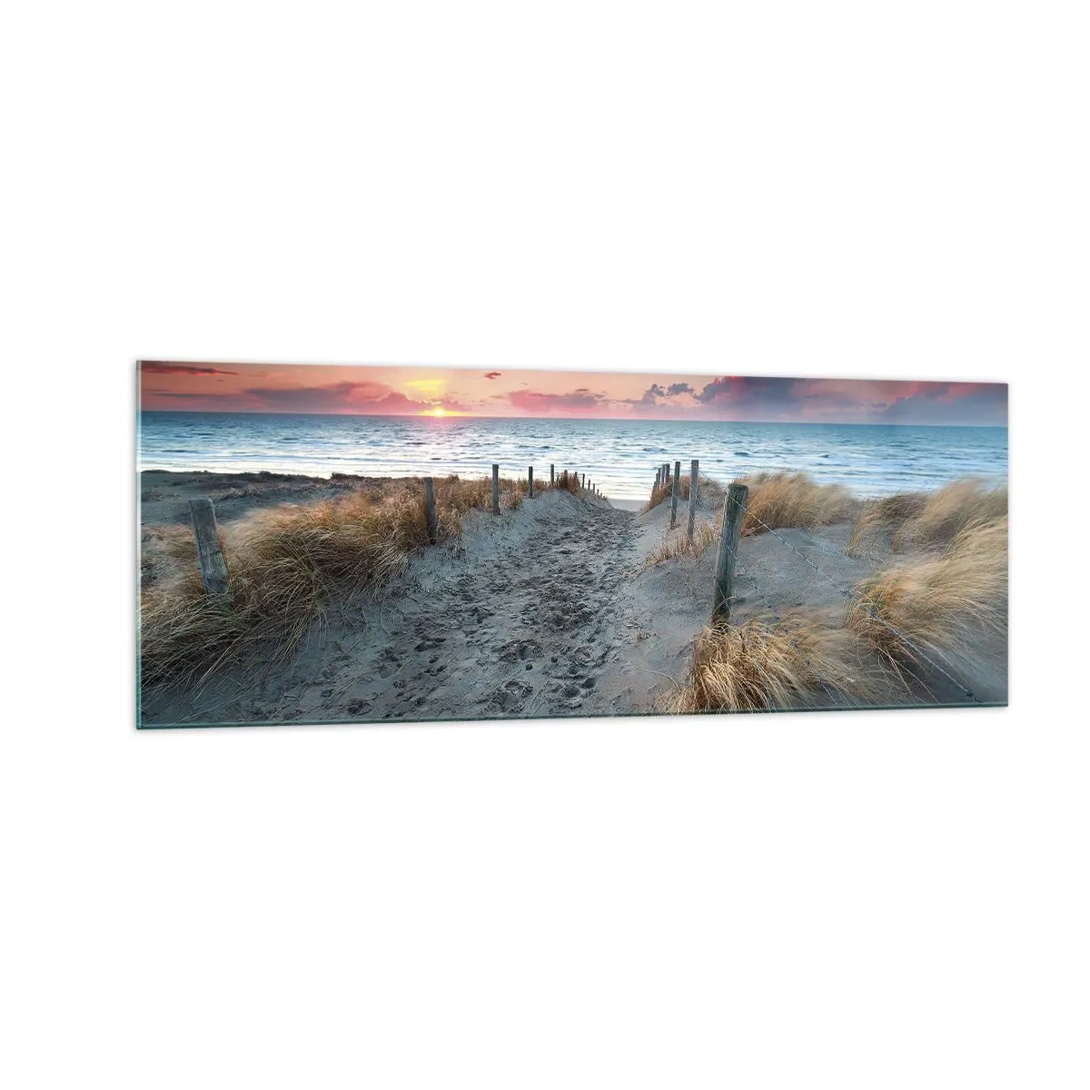 Quadro su vetro - Sentiero che porta alla spiaggia al tramonto - 140x50cm - Hai versato un arcobaleno di luce radiosa... - Decorazione murale moderna per soggiorno e camera da letto ARTTOR