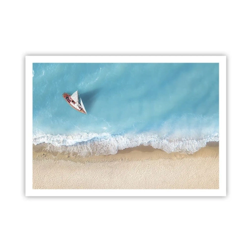 Poster - Una vista a volo d'uccello di una barca sulla spiaggia - 100x70cm - Al confine del blu e dell'oro - Decorazione murale moderna per soggiorno e camera da letto ARTTOR