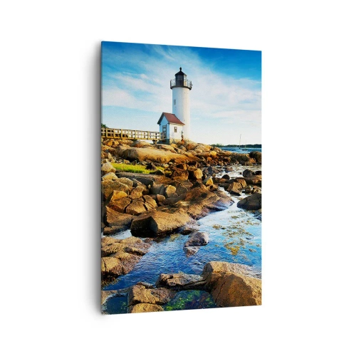 Quadro su tela - Stampe su Tela - Un faro su una costa rocciosa in una giornata di sole - 80x120cm - Tornate sani e salvi, vi aspetto - Decorazione murale moderna per soggiorno e camera da letto ARTTOR