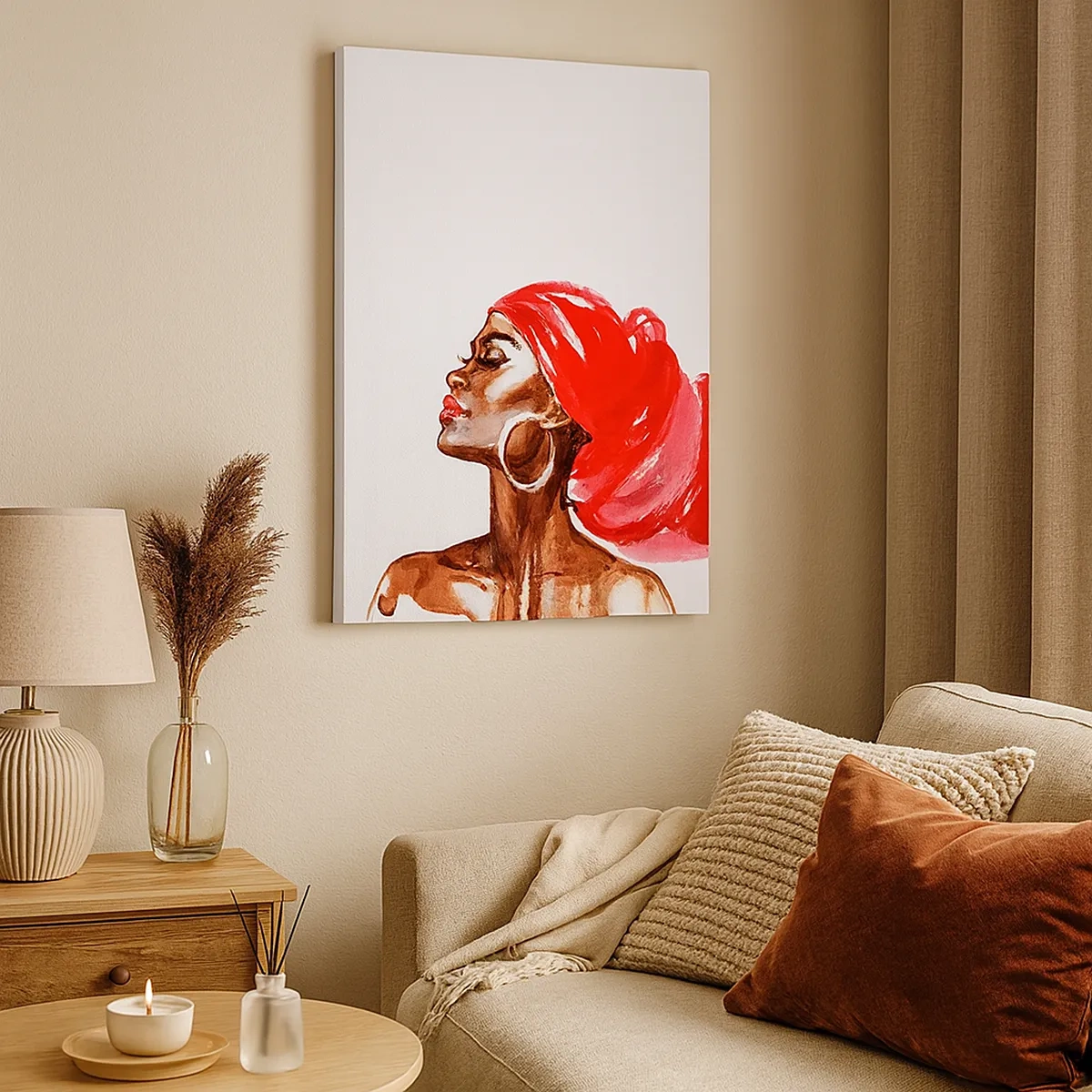 Quadro su tela - Stampe su Tela - Profilo di una donna con turbante rosso e orecchini - 50x70cm - C'è un vento che allarga le narici dell'uomo - Decorazione murale moderna per soggiorno e camera da letto ARTTOR