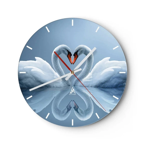 Orologio da parete - Orologio in Vetro - Una coppia di cigni che formano un cuore su una superficie calma dell'acqua - 30x30cm - Il tempo dell'amore - Decorazione murale moderna per soggiorno, cucina e camera da letto ARTTOR