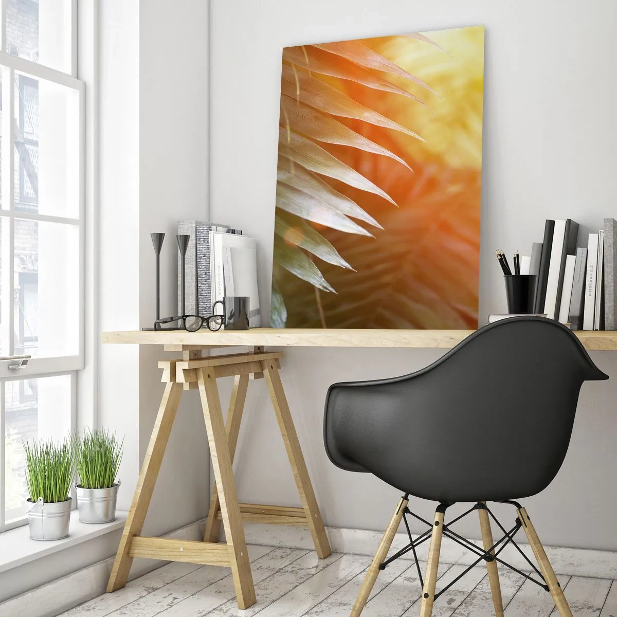 Quadro su vetro - Foglie di palma nei raggi del tramonto - 80x120cm - L'alba nella giungla - Decorazione murale moderna per soggiorno e camera da letto ARTTOR