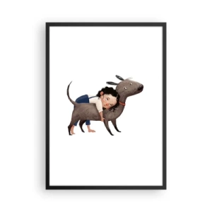 Poster in cornice nera - Illustrazione di un bambino che abbraccia un cane su uno sfondo bianco - 50x70cm - I migliori amici - Decorazione murale moderna per soggiorno e camera da letto ARTTOR