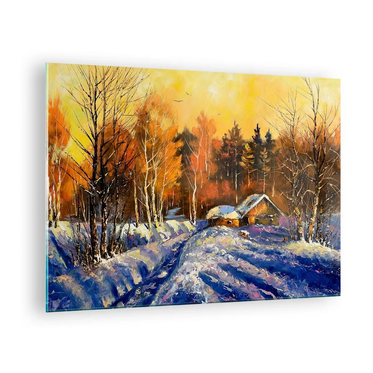 Quadro su vetro - Paesaggio invernale con una casetta di legno al tramonto - 70x50cm - Impressionismo invernale al sole - Decorazione murale moderna per soggiorno e camera da letto ARTTOR