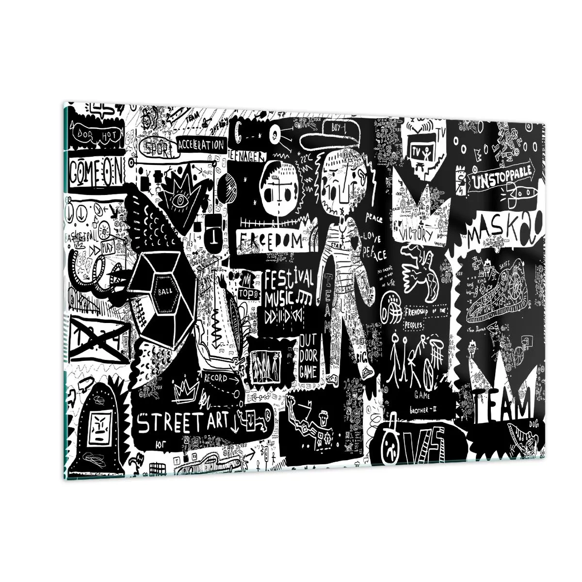 Quadro su vetro - Grafica in stile street art in bianco e nero con personaggi e simboli - 120x80cm - Gioventù spirituale di giustizia e gioia - Decorazione murale moderna per soggiorno e camera da letto ARTTOR
