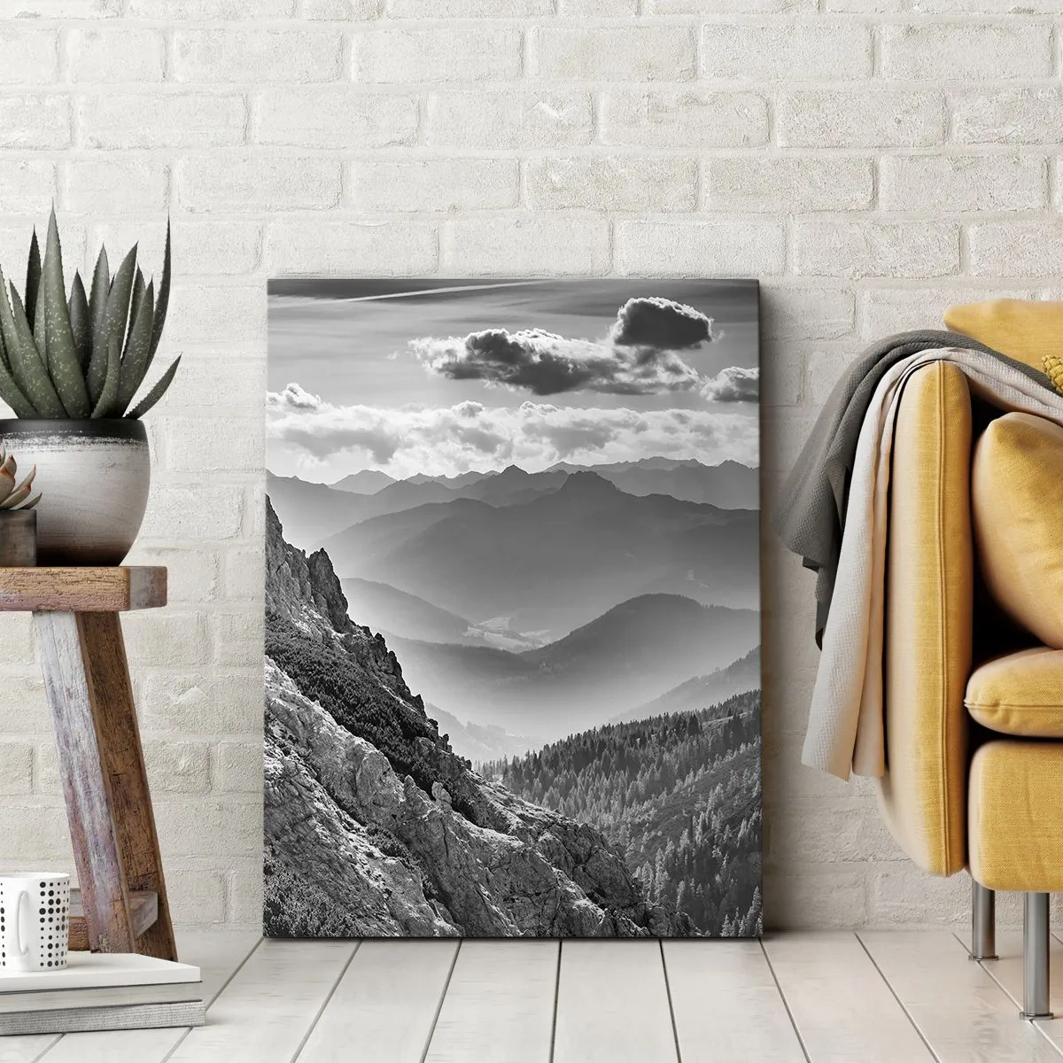 Quadro su tela - Stampe su Tela - Paesaggio montano in bianco e nero con nuvole sulle cime - 80x120cm - Fino all'orizzonte - Decorazione murale moderna per soggiorno e camera da letto ARTTOR