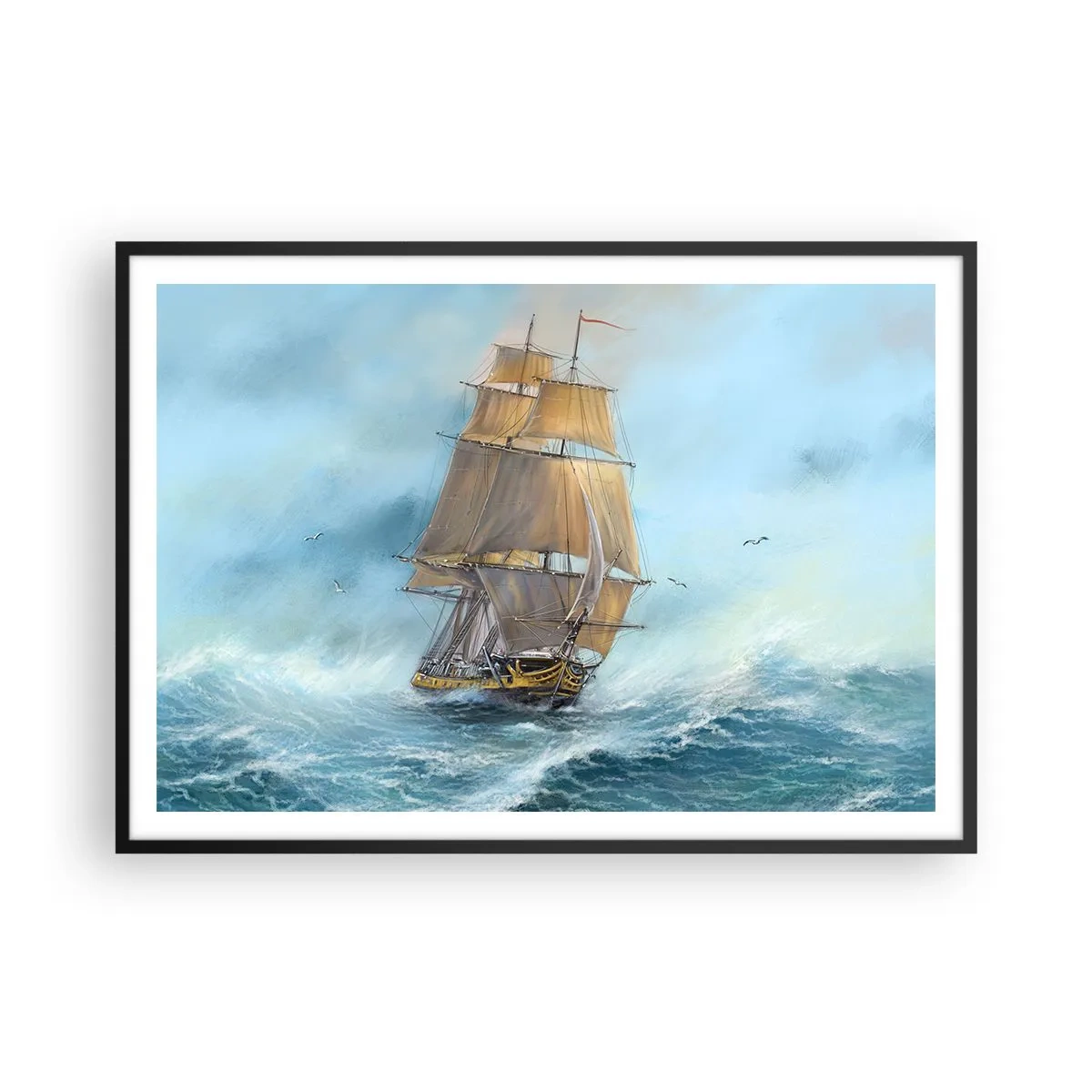 Poster in cornice nera - Una nave a vela in un mare in tempesta - 100x70cm - Frangendo i flutti - Decorazione murale moderna per soggiorno e camera da letto ARTTOR