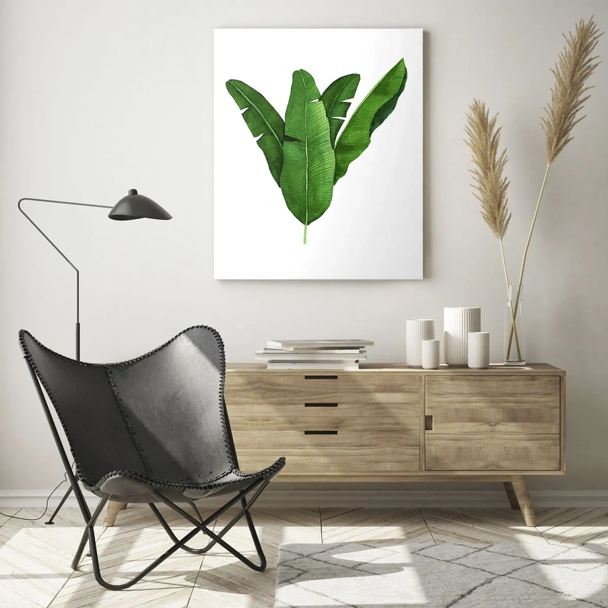 Quadro su vetro - Quattro foglie di banano verde su sfondo bianco - 50x70cm - Simmetria verde - Decorazione murale moderna per soggiorno e camera da letto ARTTOR