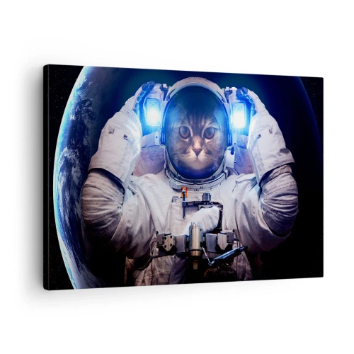 Quadro su tela - Stampe su Tela - Un gatto in tuta da astronauta con la Terra sullo sfondo e una luce intensa. - 70x50cm - Houston, avete un problema - Decorazione murale moderna per soggiorno e camera da letto ARTTOR