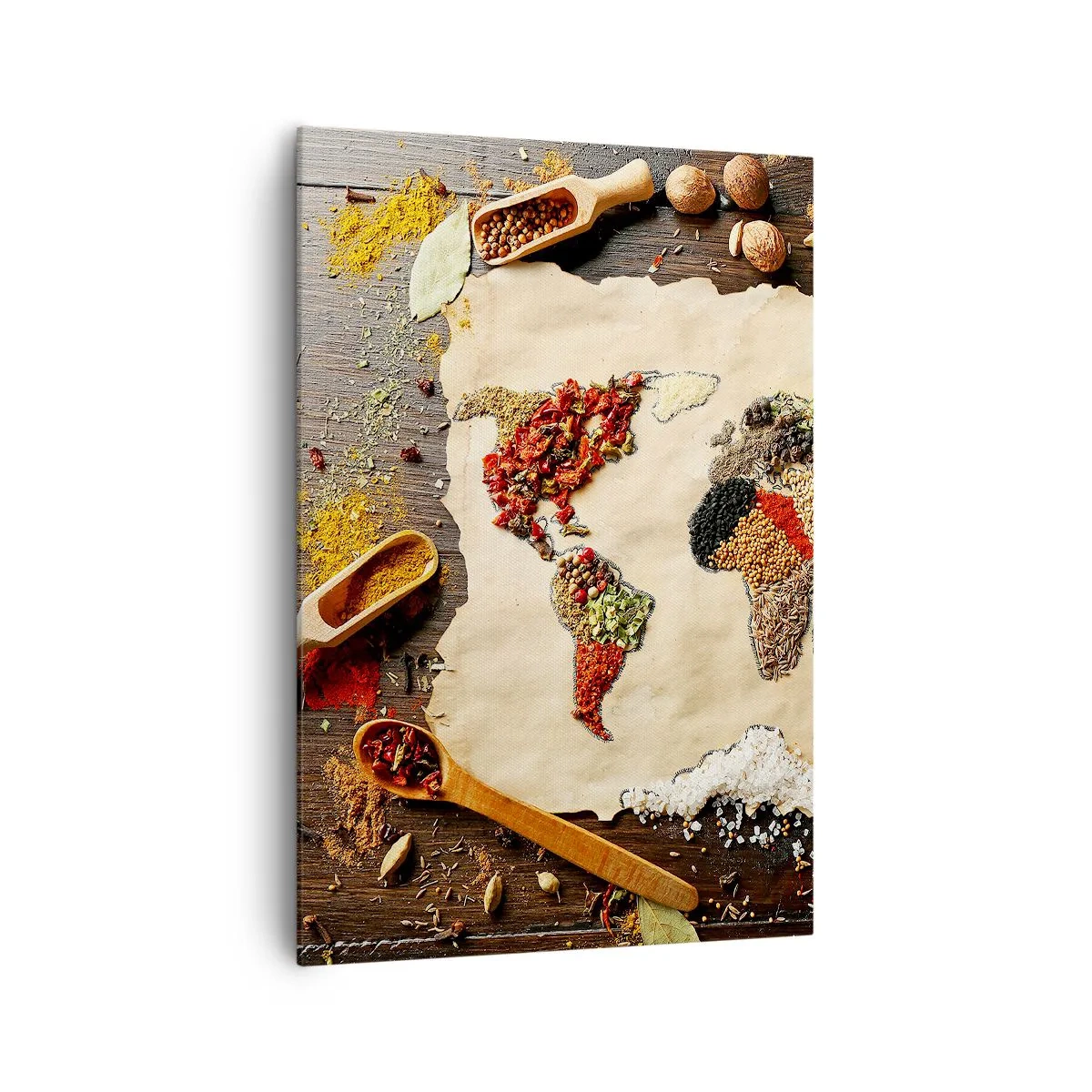 Quadro su tela - Stampe su Tela - Una mappa del mondo fatta di spezie su uno sfondo di legno. - 70x100cm - Tutti i gusti del mondo - Decorazione murale moderna per soggiorno e camera da letto ARTTOR