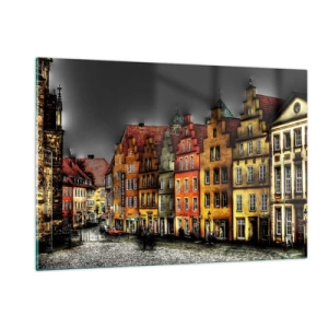 Quadro su vetro - Case popolari colorate sullo sfondo di un cielo nuvoloso - 120x80cm - Manca solo la carrozza magica - Decorazione murale moderna per soggiorno e camera da letto ARTTOR