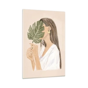 Quadro su vetro - Ritratto di una donna con una foglia di monstera su uno sfondo beige - 80x120cm - Misterioso ritratto con ventaglio - Decorazione murale moderna per soggiorno e camera da letto ARTTOR