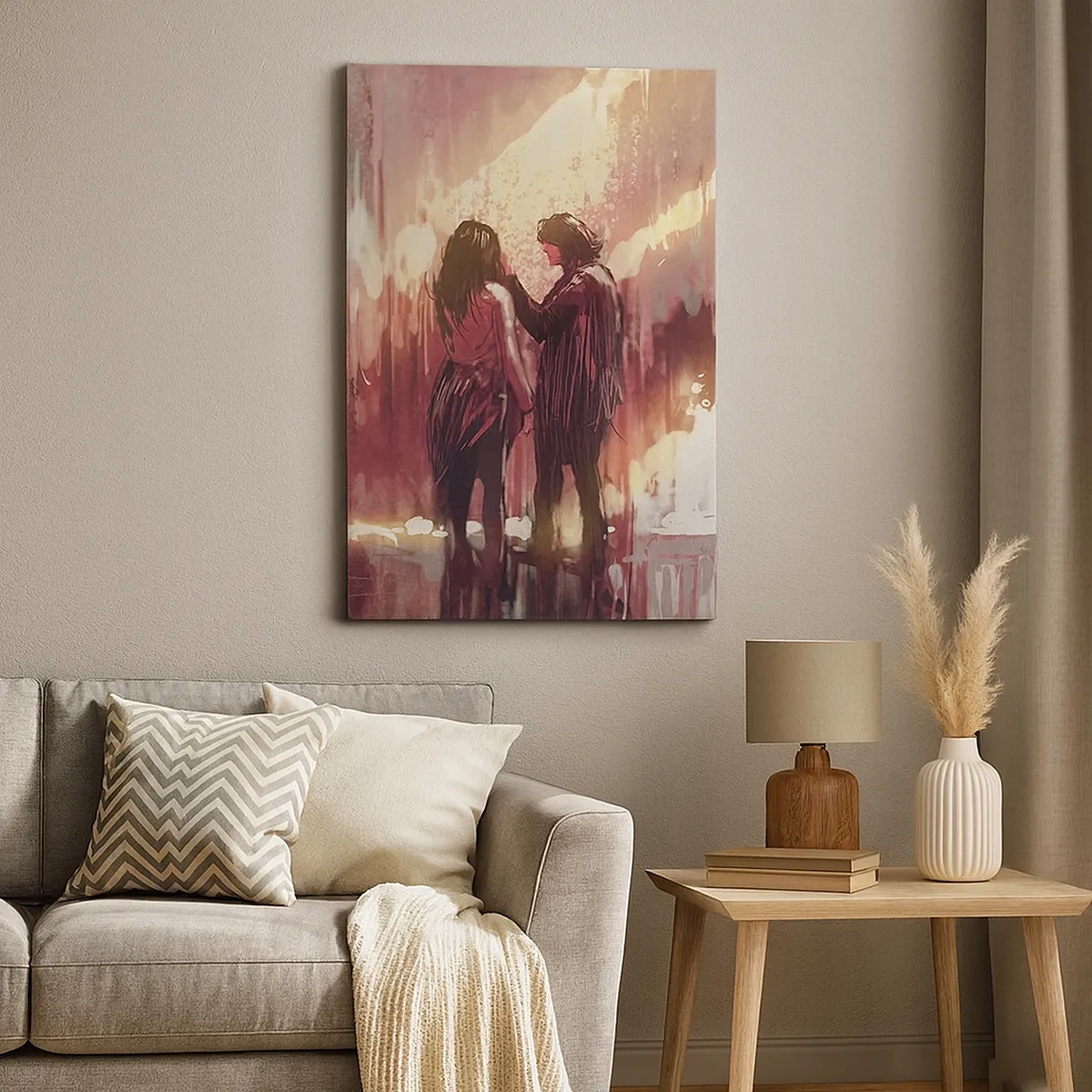 Quadro su tela - Stampe su Tela - Una coppia in piedi, illuminata da una luce calda, su uno sfondo di motivi astratti. - 50x70cm - L'eterno spettacolo dell'amore - Decorazione murale moderna per soggiorno e camera da letto ARTTOR