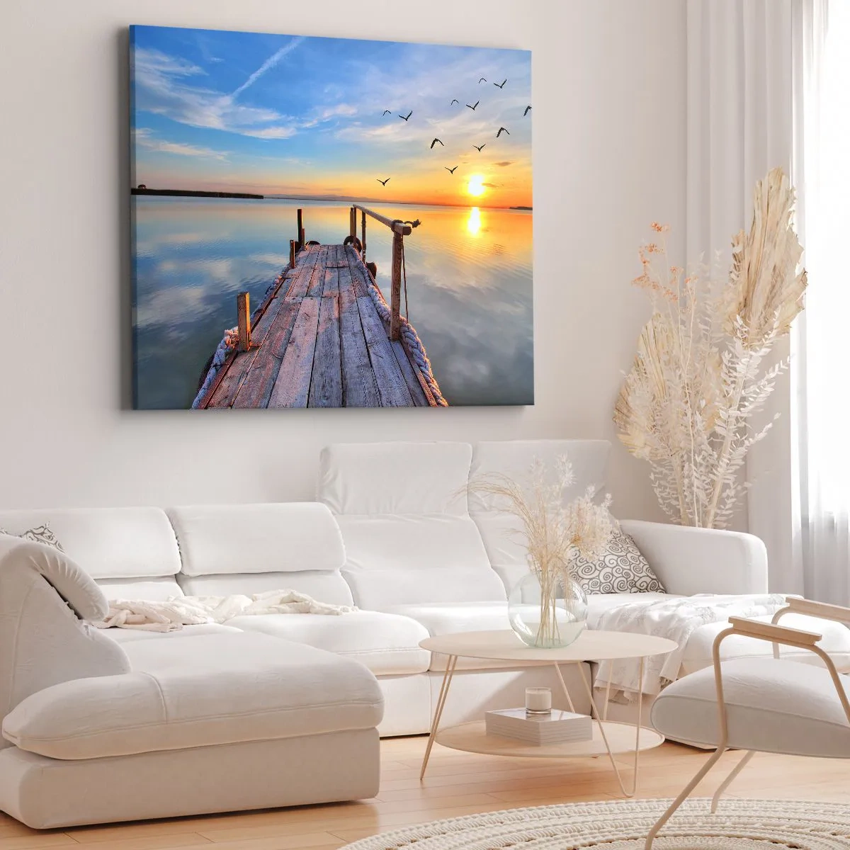 Quadro su tela - Stampe su Tela - Molo di legno al tramonto su un lago calmo - 100x70cm - Camminando verso il sole - Decorazione murale moderna per soggiorno e camera da letto ARTTOR