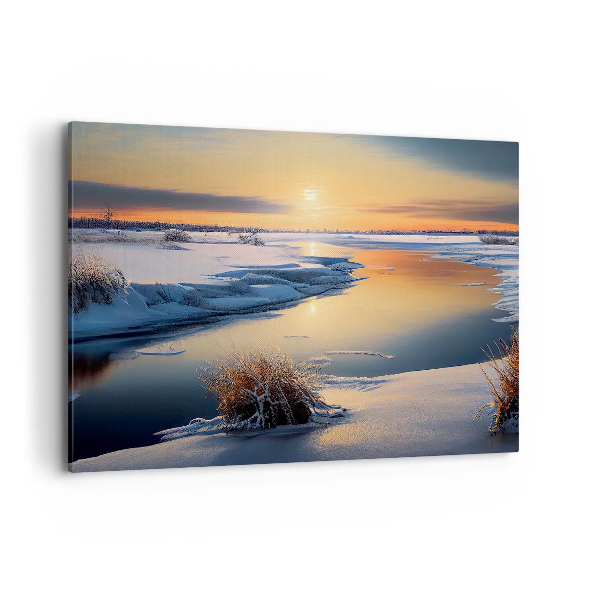 Quadro su tela - Stampe su Tela - Paesaggio invernale con un fiume al tramonto - 100x70cm - Tramonto invernale - Decorazione murale moderna per soggiorno e camera da letto ARTTOR