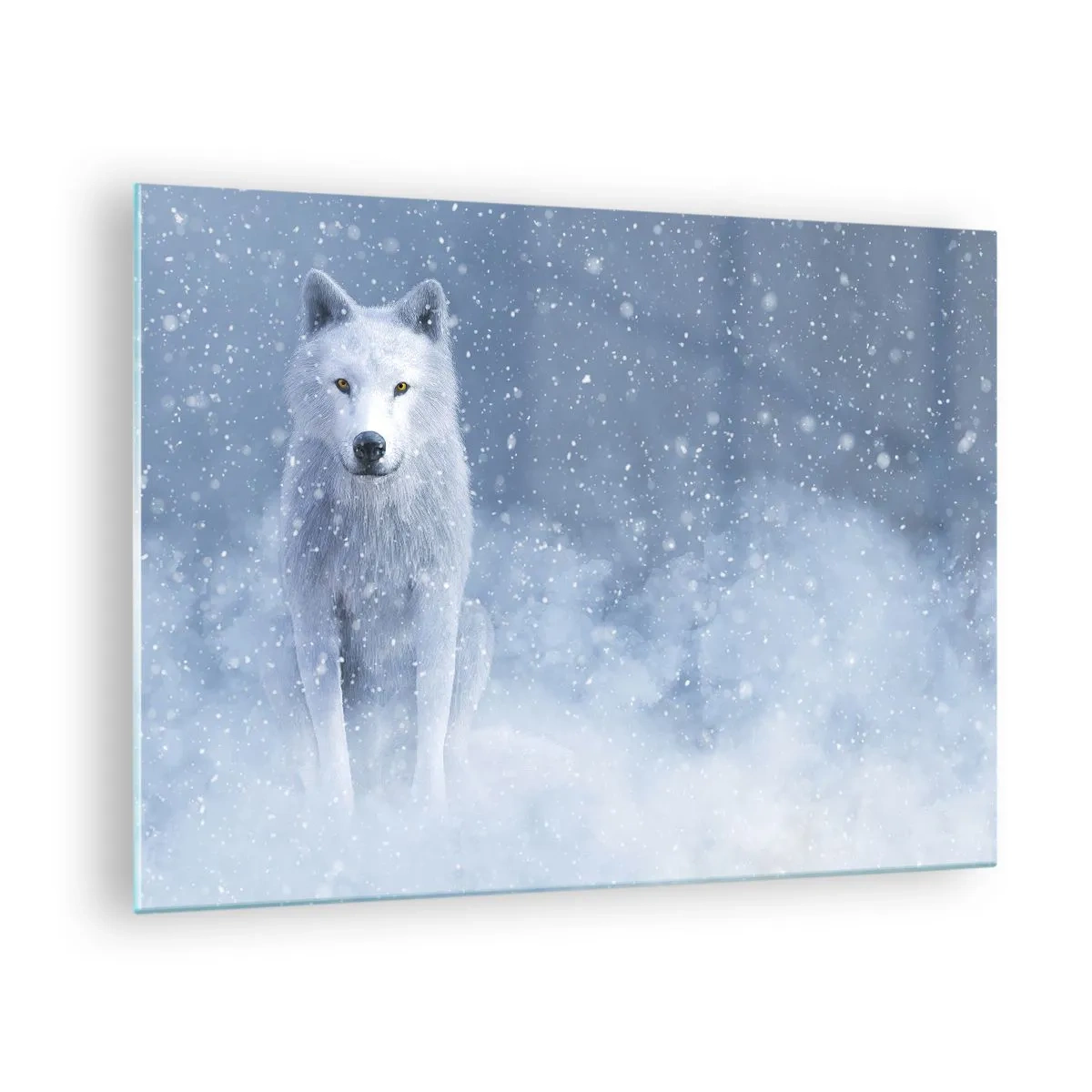 Quadro su vetro - Un lupo bianco in una tempesta di neve che guarda dritto davanti a sé - 70x50cm - Nello spirito dell'inverno - Decorazione murale moderna per soggiorno e camera da letto ARTTOR