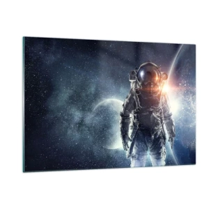 Quadro su vetro - Astronauta sullo sfondo di pianeti e stelle - 120x80cm - Avventura nello spazio - Decorazione murale moderna per soggiorno e camera da letto ARTTOR
